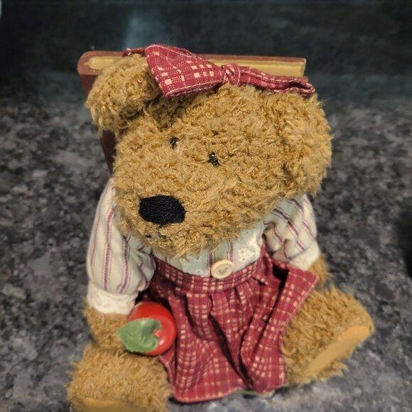 Vintage Teddy Bear Bookend - Red Gingham Dress & Bow Holding an Apple - Picture 4 of 16